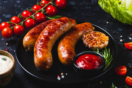 Fried sausages with vegetables and garlicの写真素材