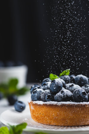 Blueberry pie is sprinkled with powdered sugar on topの写真素材