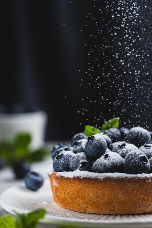 Blueberry pie is sprinkled with powdered sugar on topの写真素材