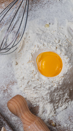 An egg in a flour wellの写真素材