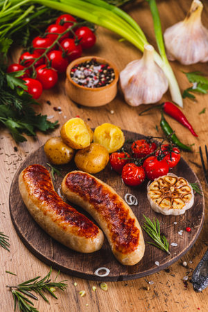 Grilled sausages on a board with potatoes and sun-dried tomatoesの写真素材