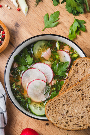 Kvass okroshka with radishes and herbsの写真素材