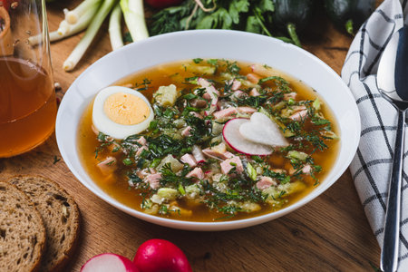 Kvass okroshka with radishes and herbsの写真素材