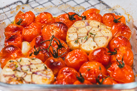 Cherry tomatoes baked with thyme and garlic cloveの写真素材