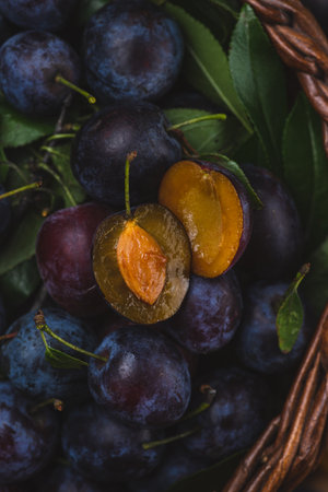 a plum cut in half lies on top of other whole plumsの写真素材