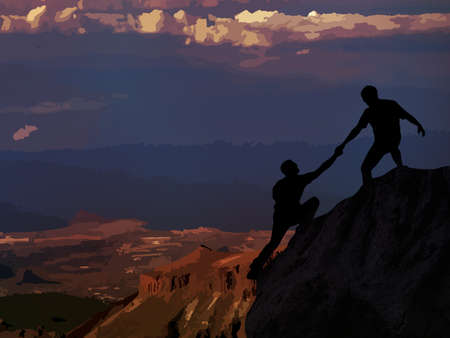 Hikers climbing on rock, giving hand and helping to climbの写真素材