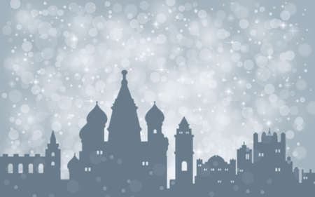 Moscow City silhouette, silver abstract snow falling winter christmas Sprache fÃ¼r StichwÃ¶rter: Eの写真素材