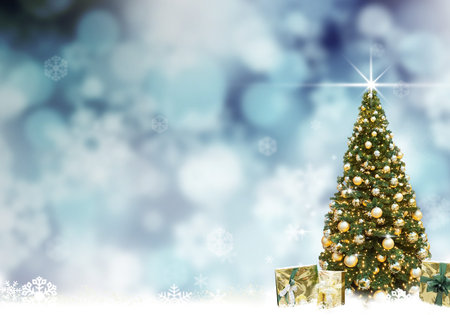 Golden Christmas tree balls, abstract blue background snow