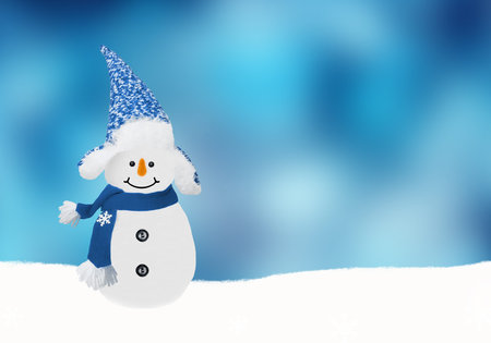 Snowman Winter background, snow and snowflakes, greeting card with copy-spaceの写真素材