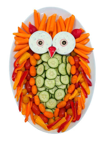 Plate with vegetables, vitamin owl shape, decorationsの写真素材