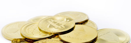 Baner Bitcoin Cryptocurrency isolated white, Panorama of gold coin, mining, future money