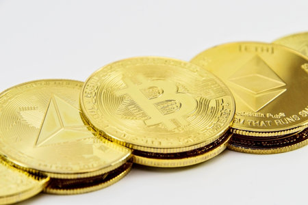 Bitcoin Cryptocurrency, gold coins, mining, future money