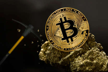 Mining Bitcoin Cryptocurrency, golden coin, Stone ore mine, future moneyの写真素材