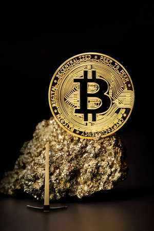 Bitcoin in hours Cryptocurrency, Mining golden coin, Stone hours mine, future moneyの写真素材