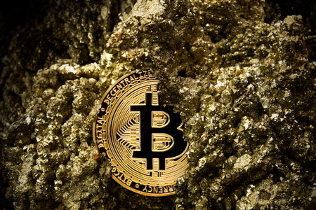 Bitcoin in hours Cryptocurrency, Mining golden coin, Stone hours mine, future moneyの写真素材