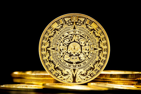 Maya, MYC, cryptocurrency, Golden symbol coin, visual placeholder for the digital currency,...
