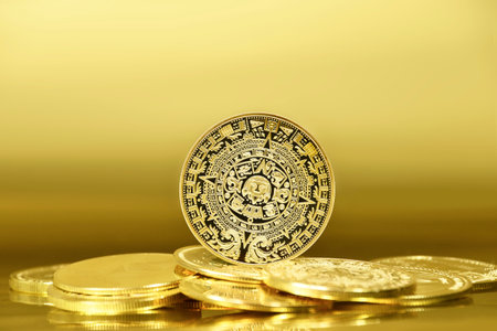 Maya, MYC, cryptocurrency, Golden symbol coin, visual placeholder for the digital currency, blockchain, stock market pricesの写真素材