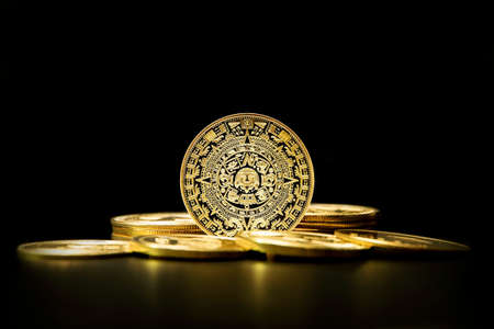 Maya, MYC, cryptocurrency, Golden symbol coin, visual placeholder for the digital currency, blockchain, stock market pricesの写真素材