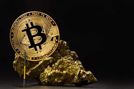 Bitcoin in hours Cryptocurrency, Mining golden coin, Stone hours mine, future moneyの写真素材