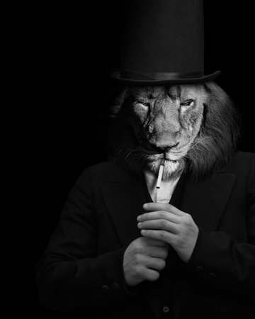 Man in the form of a Lion, The lion person, animal face isolated black white