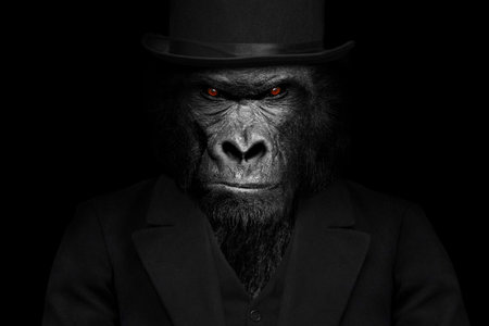 Man in the form of a Gorilla mammal, The Gorilla person, animal face isolated black white