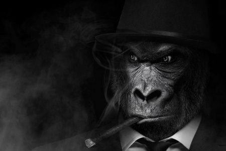 Man in the form of a Gorilla mammal, The Gorilla person, animal face isolated black white