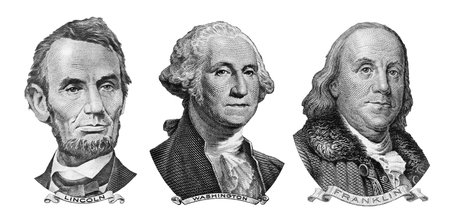 US presidents George Washington, Benjamin Franklin, Abraham Lincoln, portraits from US dollar bills...
