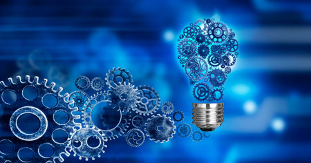 Lightbulb with gears on a blue background. 3d renderingの写真素材