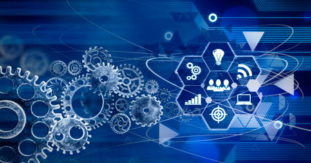 Conceptual business background image with gears and icons on virtual screen