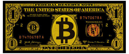 1 one Bitcoin golden Banknote, US 1 highly detailed dollar banknoteの写真素材