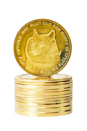 Dogecoin DOGE cryptocurrency isolated on white background, Face of the Shiba Inu dog on coin, Symbol digital currencyの写真素材