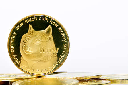 Dogecoin DOGE cryptocurrency isolated on white background, Face of the Shiba Inu dog on coin, Symbol digital currencyの写真素材