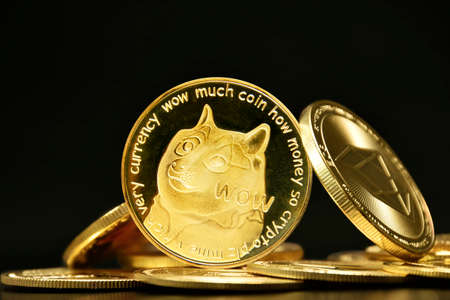 Dogecoin DOGE cryptocurrency isolated on white background, Face of the Shiba Inu dog on coin, Symbol digital currencyの写真素材