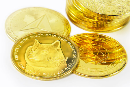 Dogecoin DOGE cryptocurrency isolated on white background, Face of the Shiba Inu dog on coin, Symbol...