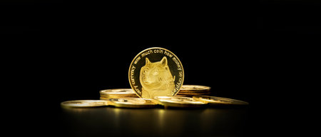 Dogecoin DOGE cryptocurrency isolated on white background, Face of the Shiba Inu dog on coin, Symbol...