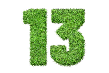 13 number in green grass filled the character. Isolated from a white backgroundの写真素材