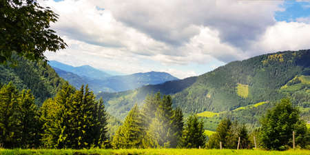 Hills and green forests among the mountains landscape, beautiful nature backgroundの写真素材