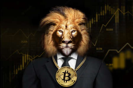 Lion with Golden Bitcoin around his neck, Motivation Businessの写真素材