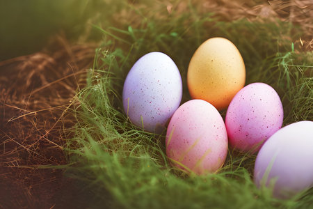 Colorful easter eggs in nest on green grass background, retro tonedの素材