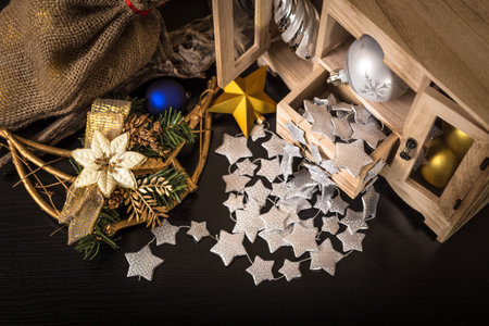 old wooden box with various Christmas decorationsの写真素材