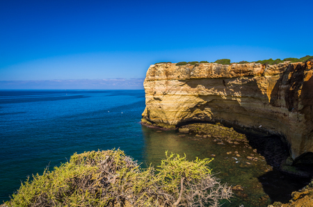 High rocky coastline with beaches in the Algarve Portugalの写真素材