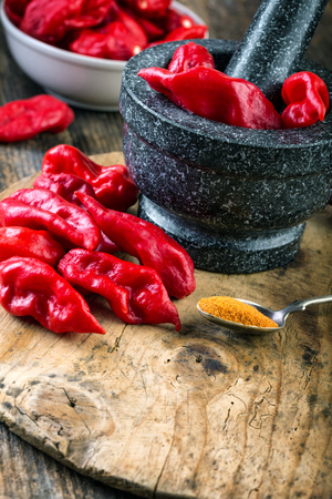 Bhut Jolokia on wooden table very strongly hot pepperの写真素材