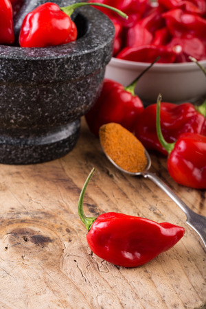 Habanero Red on wooden table very strongly hot pepperの写真素材
