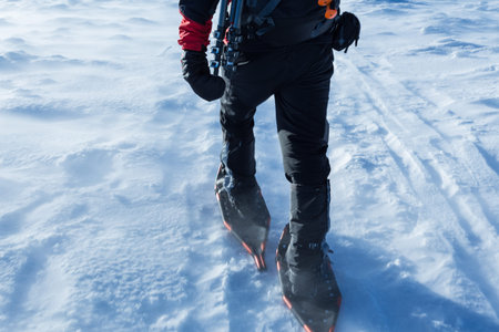 men wallking in snow storm with snowshoe