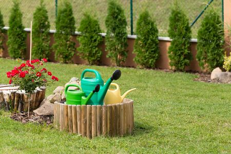 three plastic watering can for watering gardensの写真素材