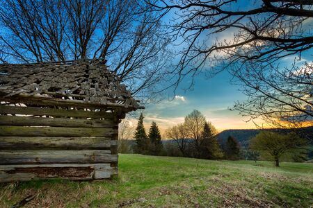 view of mountain and old wooden house in the heart of Europe, Povraznik (Slovakia)の写真素材