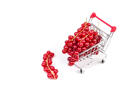 Bunch of red currants in a shopping cart on a white background. Healthy fruit with antioxidant.の写真素材