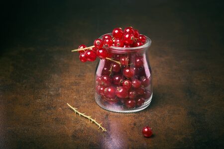 Bunch of red currants in a glass cup. Healthy fruit with antioxidant.の写真素材