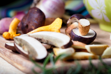Sliced boletus with chanterelle and onion. Cooking musrooms. Tasty meal. Rosemary and garlic.の写真素材