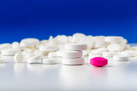 Bunch of white tablets. Scattered pills. Single pink pill. Slective focus.